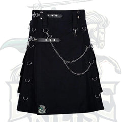 Black Gothic Utility Kilt with Chain & D-Rings – Edgy Scottish-Inspired Kilt