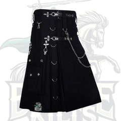 Black Gothic Utility Kilt with Chain & D-Rings – Edgy Scottish-Inspired Kilt