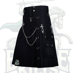 Black Gothic Utility Kilt with Chain & D-Rings – Edgy Scottish-Inspired Kilt