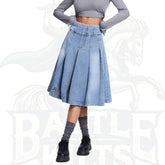 Women’s Blue Denim A-Line Mini Pleated Skirt