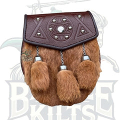 Semi Dress Kilt Brown Fur Sporran – Celtic Embossed 3 Tassels Sporran Bag by BattleOfKilts