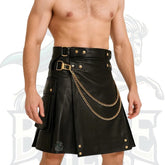 Men’s Black Leather Utility Kilt with Gold Chain Scottish Kilts