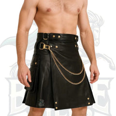 Men’s Black  Leather Utility Kilt with Gold Chain Scottish Kilts