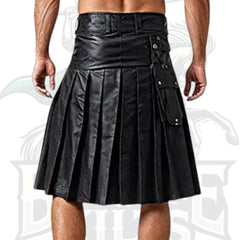 Men's Black Leather Kilt – Handmade Gothic Festival Utility Skirt with Buckles