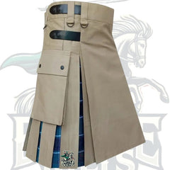 Beige Hybrid Utility Kilt for Men – US Navy Tartan Inner Pleats | 4 Strap Modern Scottish Design by BattleOfKilts