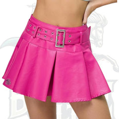 Buckle Belted High-Waisted Pleated Flare PU Faux Leather Short Goth Skirt for Women