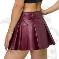 Buckle Belted High-Waisted Pleated Flare PU Faux Leather Short Goth Skirt for Women