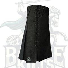Men’s Black Denim Kilt with Silver Chain – Edgy Modern Style