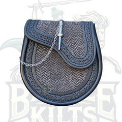 Men’s Scottish Grey Tweed Black Leather Sporran with Pin Lock & Chain Belt by BattleOfKilts