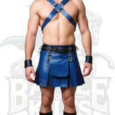 Handmade Men Leather Blue Kilt – Genuine Leather Gladiator Kilt