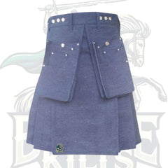 Modern Blue Denim Kilt with Multiple Pockets – Functional Style