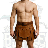 Handmade Men’s Real Leather Kilt Skirt – Custom Fit Utility Brown Leather Pleated Kilt