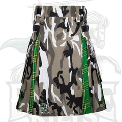 Men’s Urban Camo and Irish Green Tartan Hybrid Kilt – Premium Scottish Utility Wear