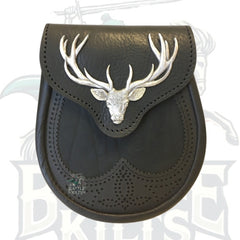 Black Saddle Leather Sporran with Pewter Stag Mount by BattleOfKilts