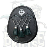 Men’s Scottish Thistle Badge Black Leather Sporran – 3 Tassels with Chain Strap by BattleOfKilts