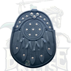 Scottish Black Leather Kilt Sporran for Men – Stag Head Design with 5 Tassels by BattleOfKilts