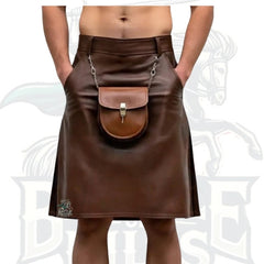 Brown Leather Utility Kilt for Men – Gothic Original Design with Pockets