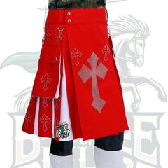 Christmas Kilt with Rhinestones Latin Cross – Red and White Kilt | Festive Scottish Style by BattleOfKilts