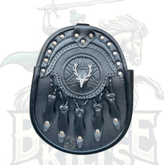 Scottish Black Leather Kilt Sporran for Men – Stag Head Design with 5 Tassels by BattleOfKilts