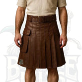 Men’s Brown Leather Kilt – Utility Pleated Kilt with Pockets