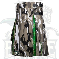 Men’s Urban Camo and Irish Green Tartan Hybrid Kilt – Premium Scottish Utility Wear