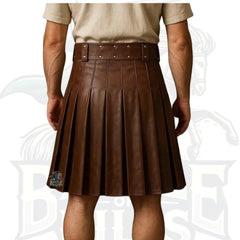 Men’s Brown Leather Kilt – Utility Pleated Kilt with Pockets