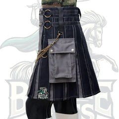 Men’s Tactical Hybrid Kilt – Black and Grey Gothic Kilt with Chains & Metal Hardware | BattleOfKilts
