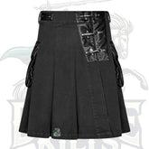 Modern Black Denim Kilt with Leather Pockets – Stylish Utility Kilt