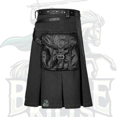 Modern Black Denim Kilt with Leather Pockets – Stylish Utility Kilt