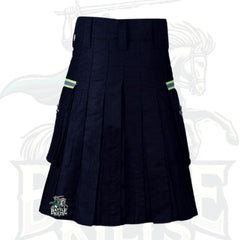 Modern Navy Blue Firefighter Kilt – Handmade Utility Kilt with Reflective Design