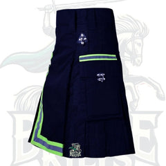 Modern Navy Blue Firefighter Kilt – Handmade Utility Kilt with Reflective Design