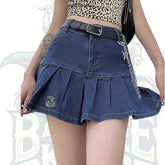 Sweet Pleated Denim Pompom Cake Short Skirt