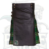 Modern Black Leather Hybrid Kilt with Tartan Pleats – Premium Scottish Utility Wear