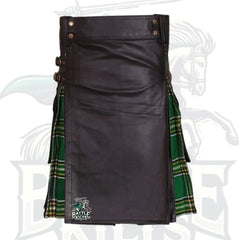 Modern Black Leather Hybrid Kilt with Tartan Pleats – Premium Scottish Utility Wear
