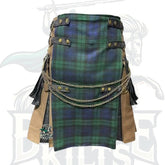 Brown and Black Gothic Hybrid Utility Kilt with Black Watch Tartan Apron