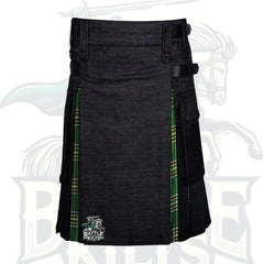 Modern Black Denim with Irish Green Tartan Hybrid Kilt – Premium Scottish-Irish Utility Wear