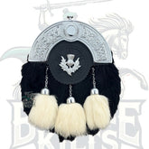 Scottish Handmade Full Dress Black Fur Sporran with Thistle Badge & 3 Tassels – Battle of Kilts