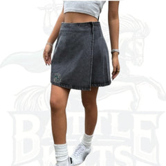 Plain Color Pleated Casual Vacation Denim Mini Skirt