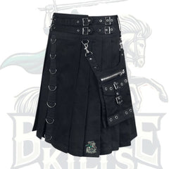 Modern Black Gothic Punk Kilt – Calle Utility Kilt with Chains & Pockets
