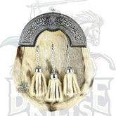 Scottish Sporran Chrome Head Triple Thistle Grey Rabbit Fur Highlander