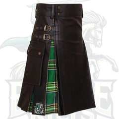Modern Black Leather Hybrid Kilt with Tartan Pleats – Premium Scottish Utility Wear