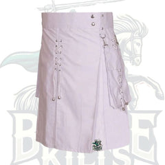 Men’s White Utility Kilt with Laces Design – Modern & Functional Scottish Kilt
