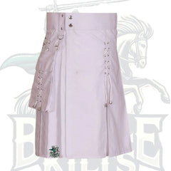 Men’s White Utility Kilt with Laces Design – Modern & Functional Scottish Kilt