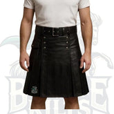 Men’s Black Leather Kilt – Pleated Utility Kilt with Pockets
