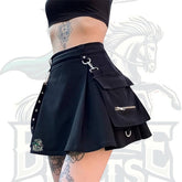 Goth Black Pleated Mini Skirt with Chain – High-Waist Punk Tennis Skirt for Women
