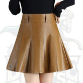 Casual Side Zipper Flare Pleated Faux Leather Skater Skirt