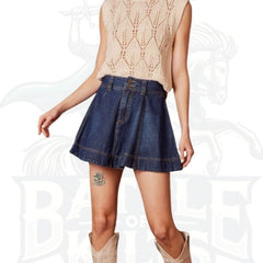 WESTFADE Mid-Rise Button Front Western Seaming A-Line Denim Mini Skirt