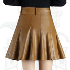 Casual Side Zipper Flare Pleated Faux Leather Skater Skirt