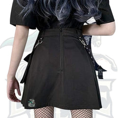 Goth Black Pleated Mini Skirt with Chain – High-Waist Punk Tennis Skirt for Women