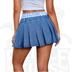 Women’s Waist Patchwork Plaid Pleated Short Denim Mini Skirt